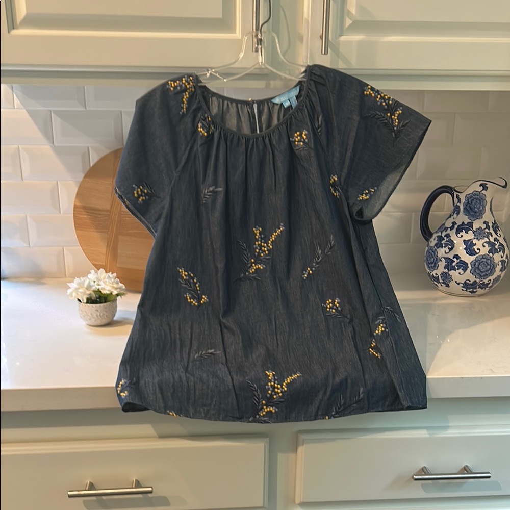 Draper James Blue and Yellow Blouse with Delicate Pattern